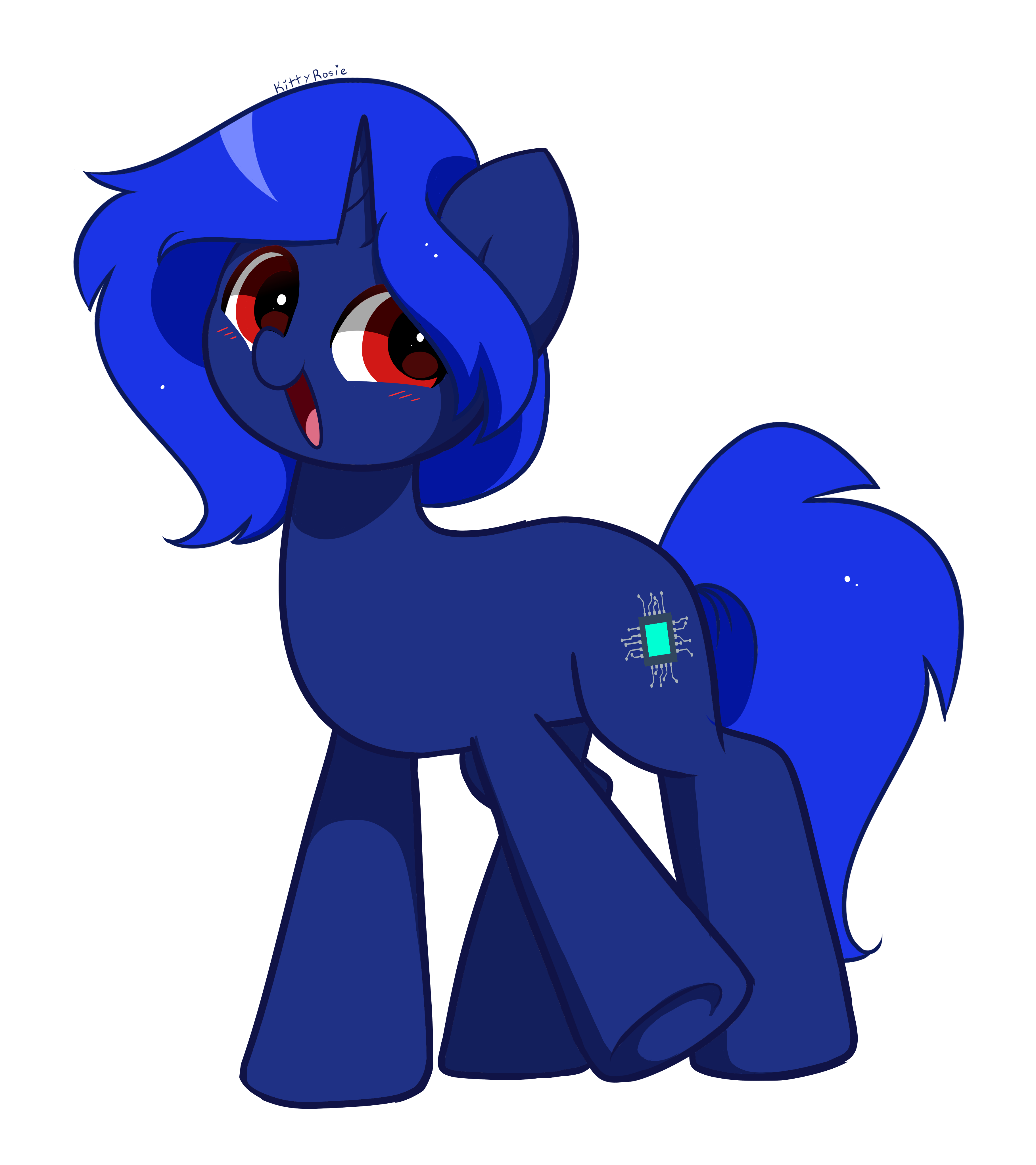 Blue-furred and maned pony looking at you, raising one hoof, and blushing.